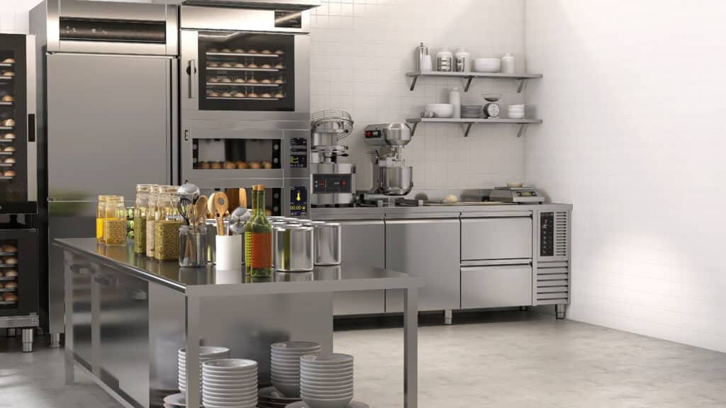 commercial, professional bakery kitchen and stainless steel convection, bread bun in deck oven, freezer, refrigerator, kneading machine, table, cabinet and ingredient